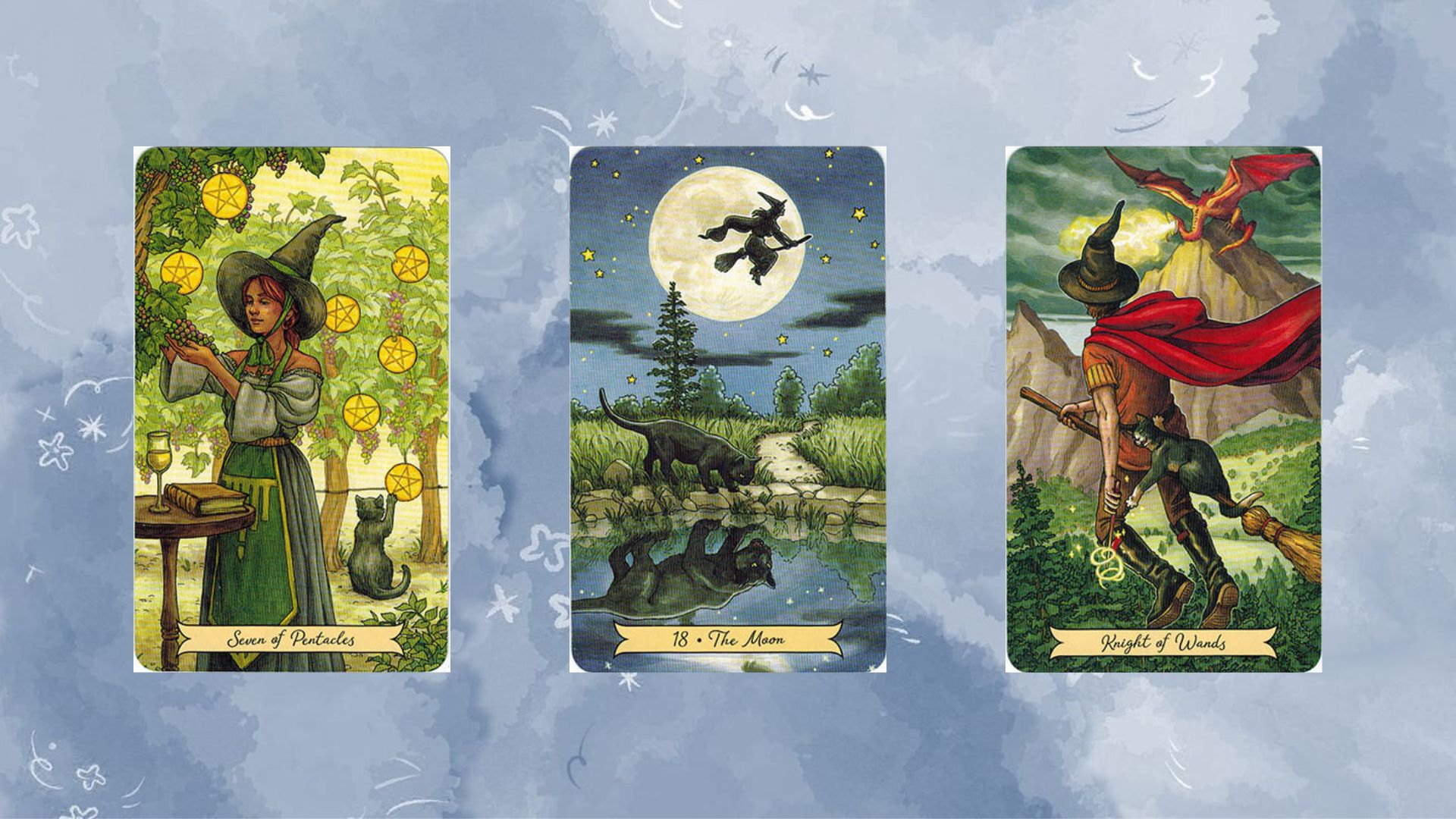 tụ bài tarot 1 seven of pentacles - the moon - knight of wands