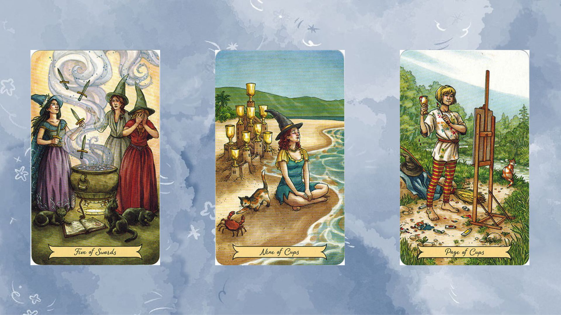 trải bài tarot tụ 1 với five of swords - nine of cups - page of cups