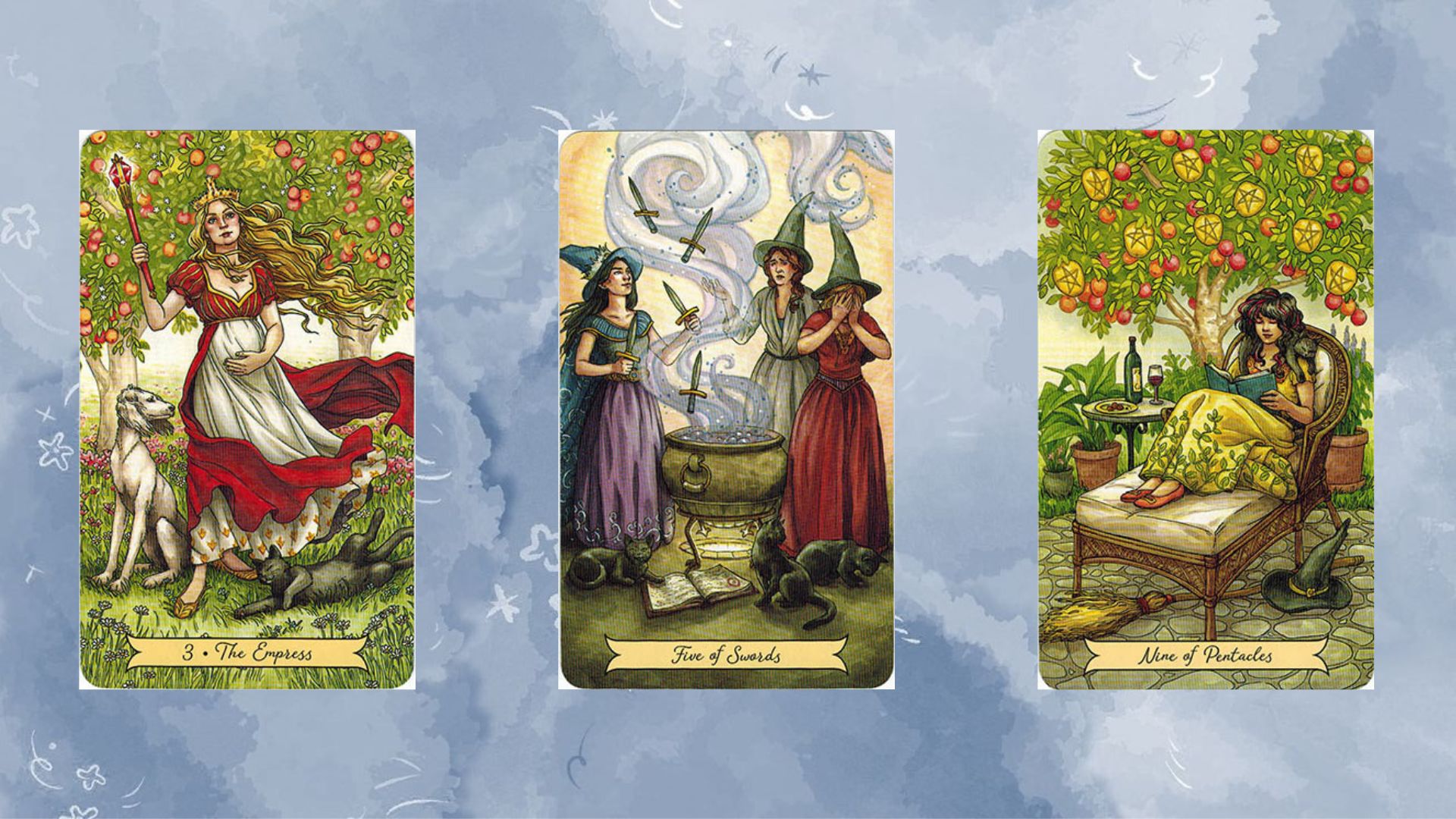 trải bài tarot tụ 2 the empress - five of swords - nine of pentacles