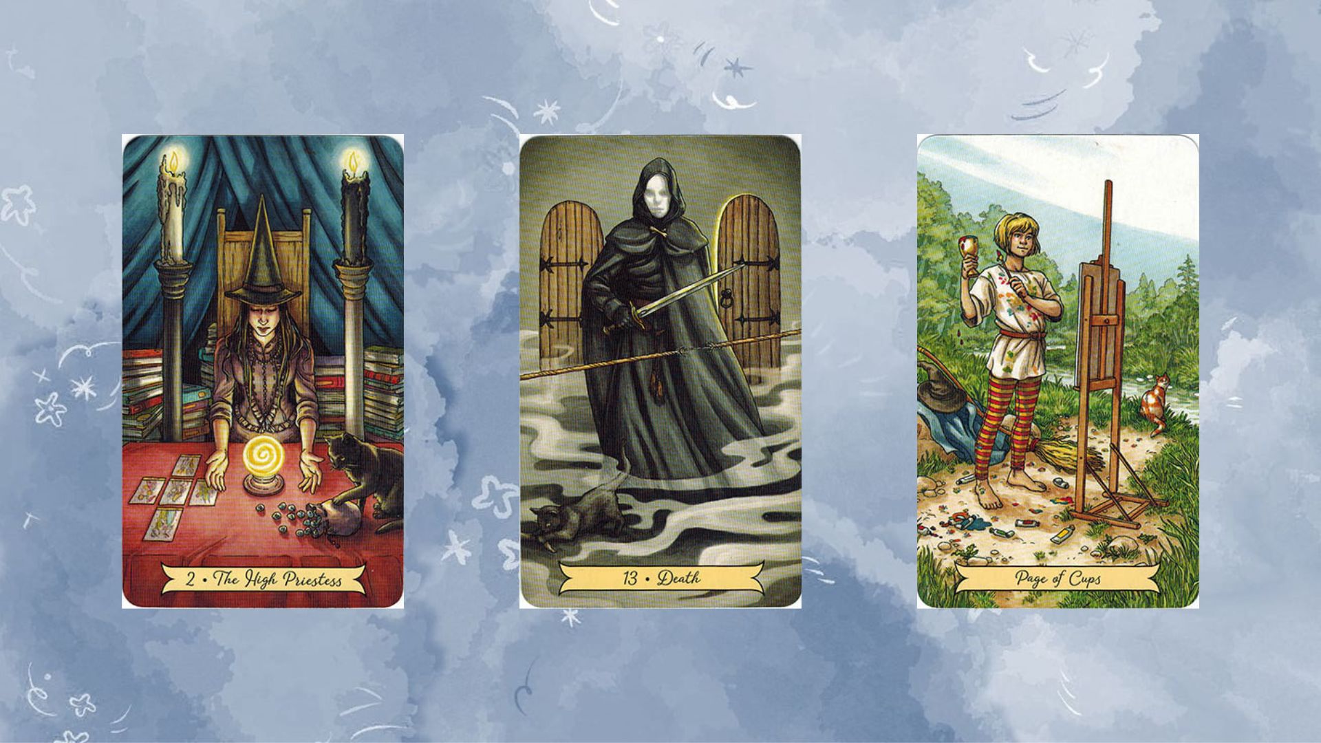 trải bài tarot tụ gồm The High Priestess – Death – Page of Cups