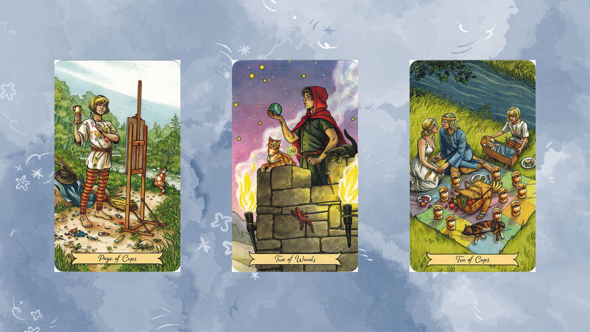 trải bài tarot tụ gồm Page of Cups – Two of Wands – Ten of Cups