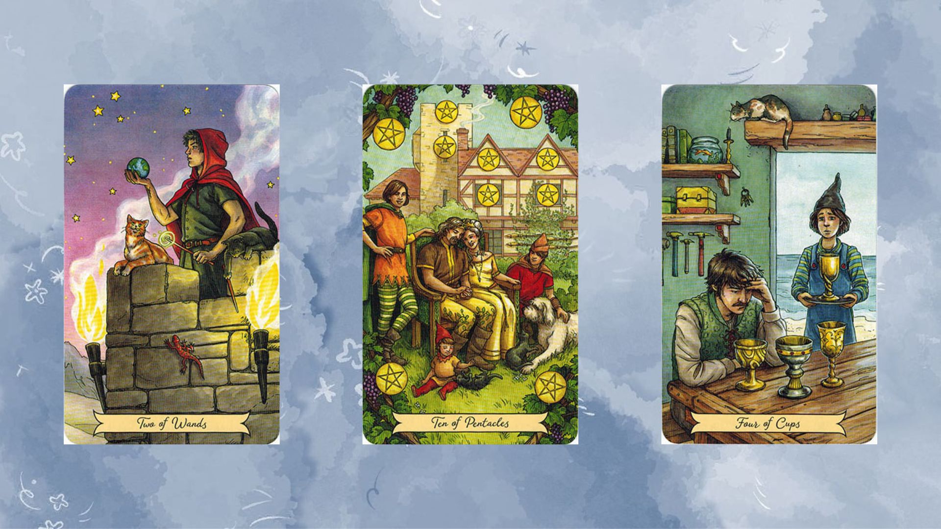 Trải bài tarot tụ 2 gồm Two of Wands – Ten of Pentacles – Four of Cups