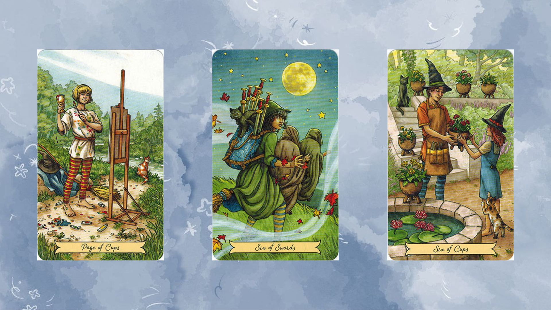 trải bài tuần mới gồm Page of Cups – Six of Swords – Six of Cups