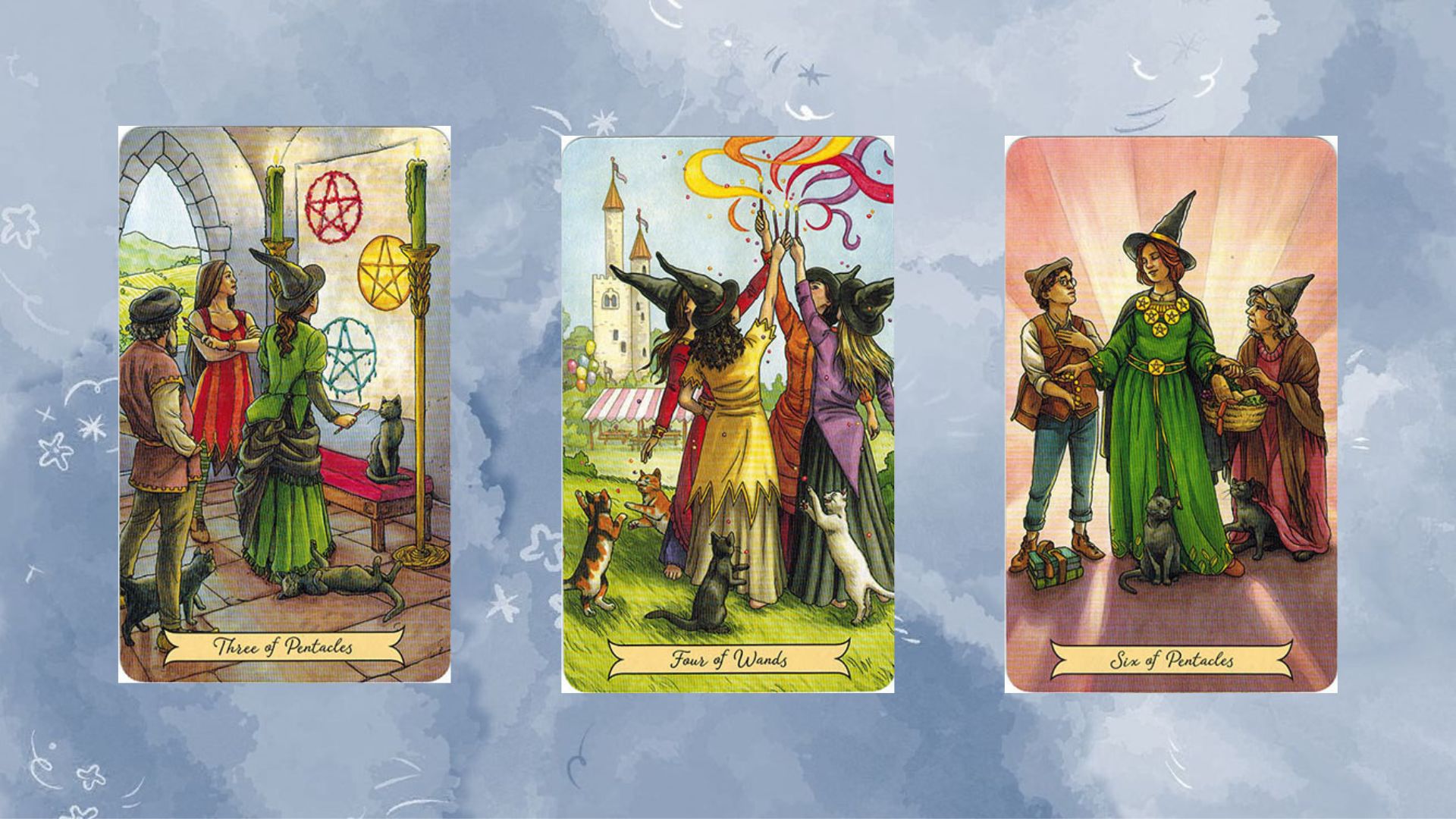 Trải bài tarot tụ 1 gồm Three of Pentacles – Four of Wands – Six of Pentacles