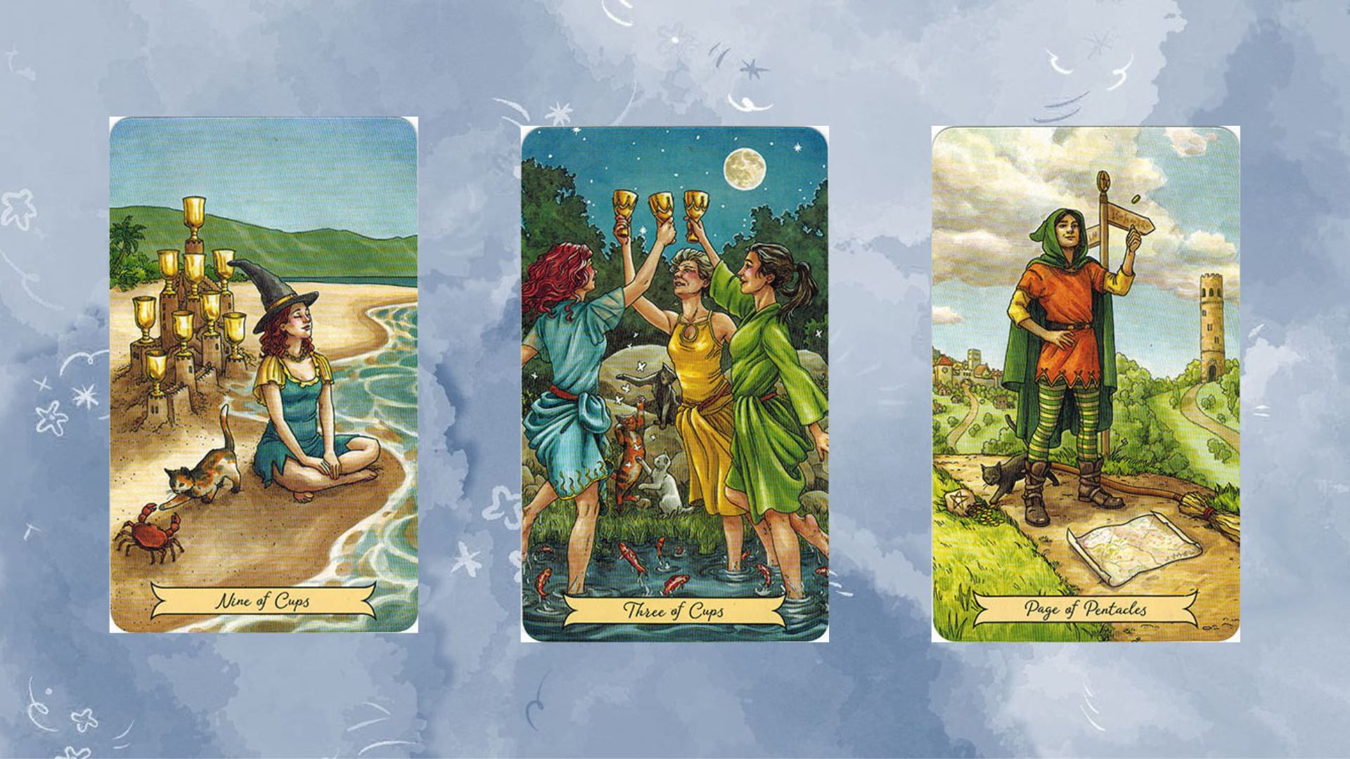 Trải bài tarot tụ 2 gồm Nine of Cups – Three of Cups – Page of Pentacles