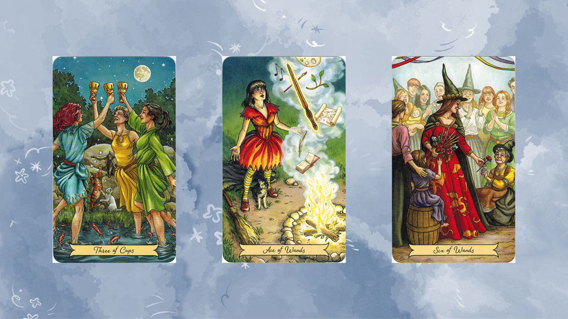 trải bài gồm Three of Cups - Ace of Wands - Six of Wands